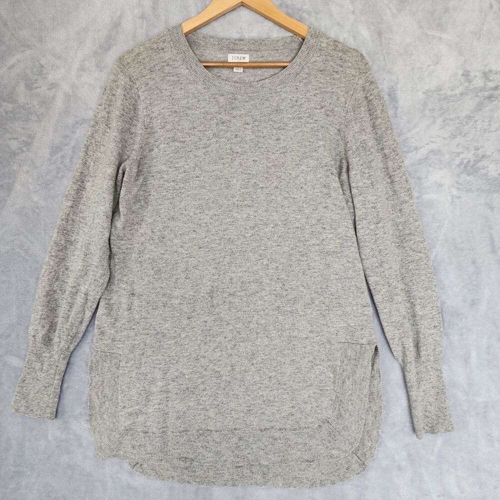 J. Crew Sweater Womens Medium Merino Wool Gray Tunic Rounded Hem Ribbed Trim